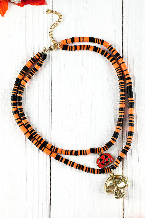 Layered Beaded Skull And Pumpkin Pendant Necklace