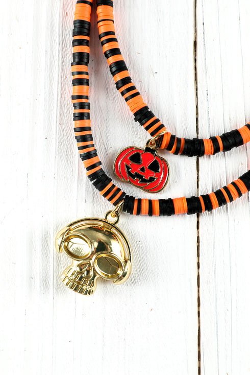 Layered Beaded Skull And Pumpkin Pendant Necklace
