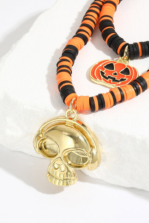 Layered Beaded Skull And Pumpkin Pendant Necklace