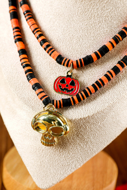 Layered Beaded Skull And Pumpkin Pendant Necklace