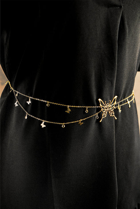 Layered Butterfly Charm Tassel Metal Waist Chain