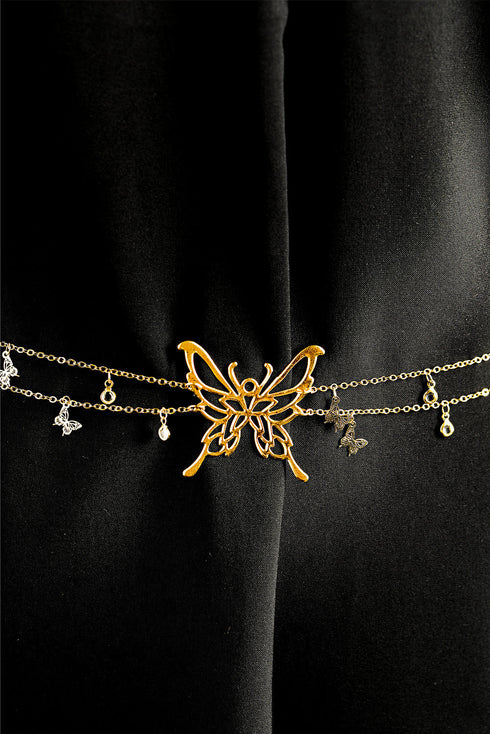 Layered Butterfly Charm Tassel Metal Waist Chain
