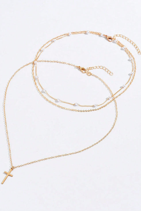 Layered Chain Cross Pendant With Faux Pearl Accents Necklace