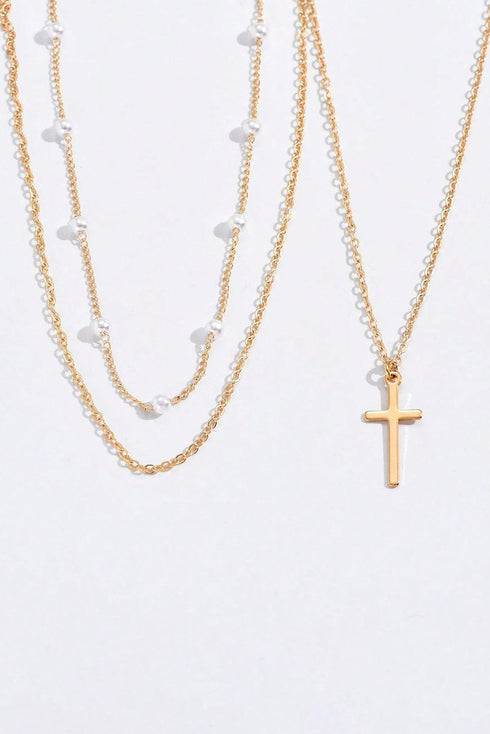 Layered Chain Cross Pendant With Faux Pearl Accents Necklace