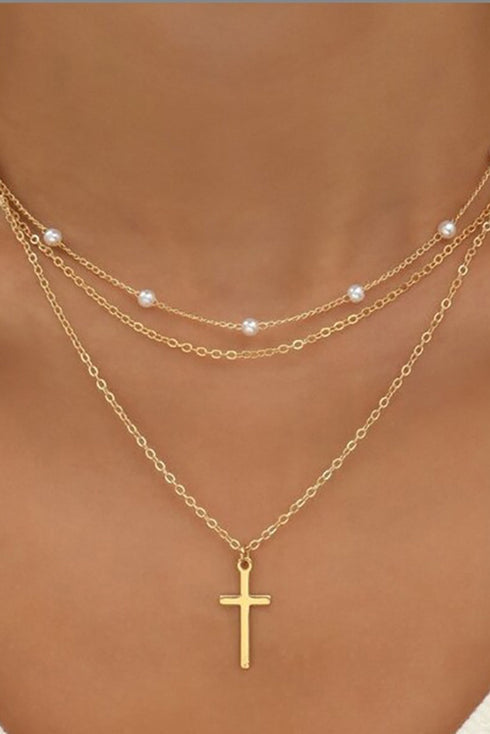 Layered Chain Cross Pendant With Faux Pearl Accents Necklace