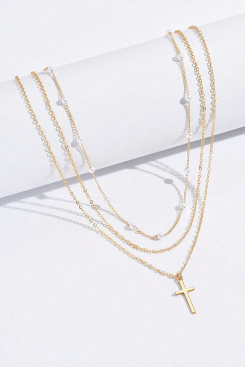 Layered Chain Cross Pendant With Faux Pearl Accents Necklace