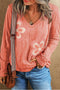 Layered Daisy Applique Patchwork V Neck Long Sleeve Top