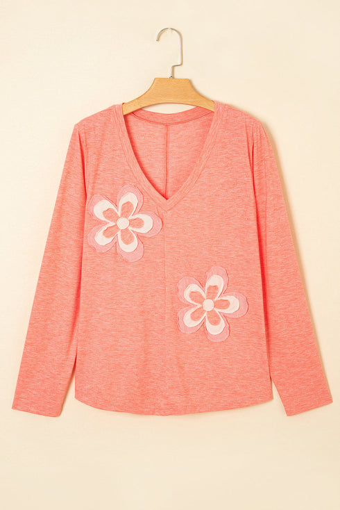 Layered Daisy Applique Patchwork V Neck Long Sleeve Top