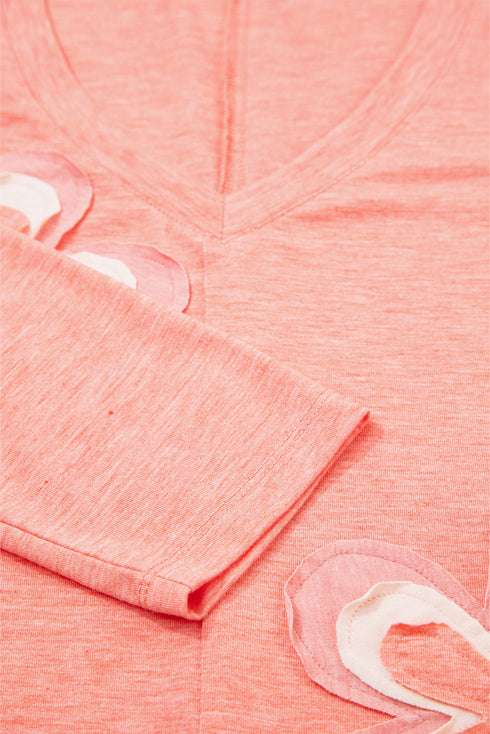 Layered Daisy Applique Patchwork V Neck Long Sleeve Top