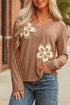 Layered Daisy Applique Patchwork V Neck Long Sleeve Top