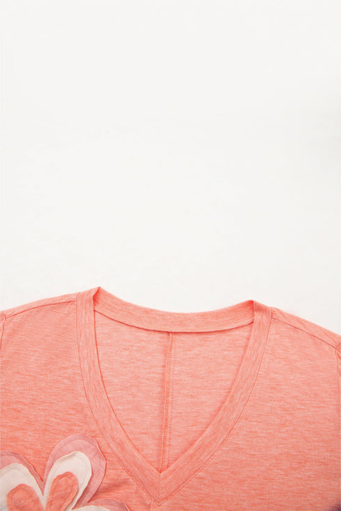 Layered Daisy Applique Patchwork V Neck Long Sleeve Top