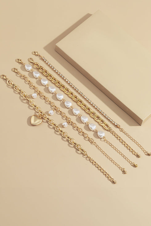 Layered Heart Charm Pearl Rhinestone Chain Bracelet Set