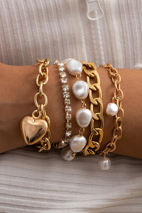 Layered Heart Charm Pearl Rhinestone Chain Bracelet Set
