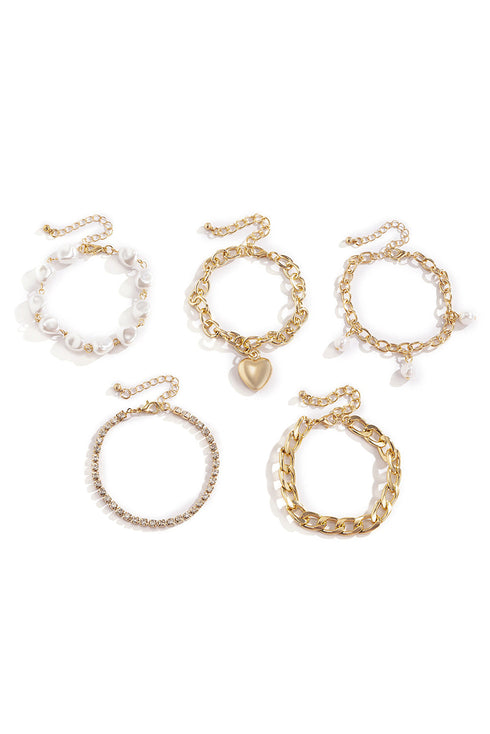Layered Heart Charm Pearl Rhinestone Chain Bracelet Set