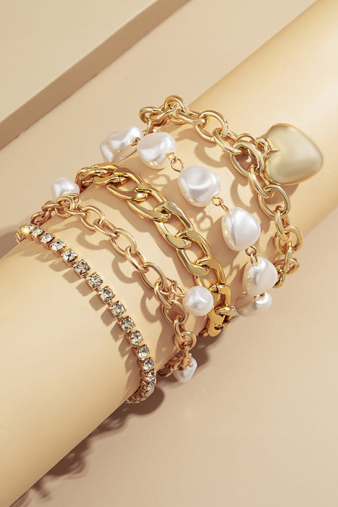 Layered Heart Charm Pearl Rhinestone Chain Bracelet Set