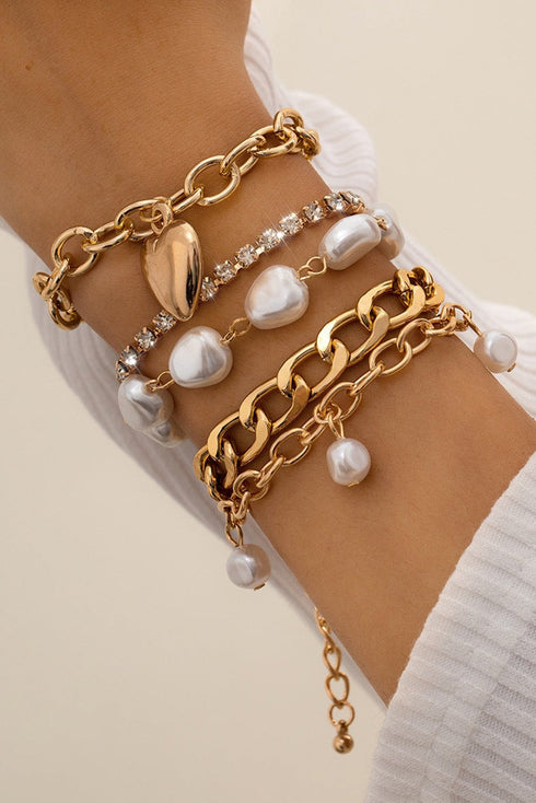 Layered Heart Charm Pearl Rhinestone Chain Bracelet Set