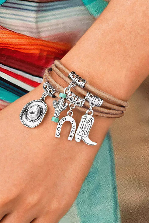 Layered Metal Chain Cactus Charm Western Bracelet