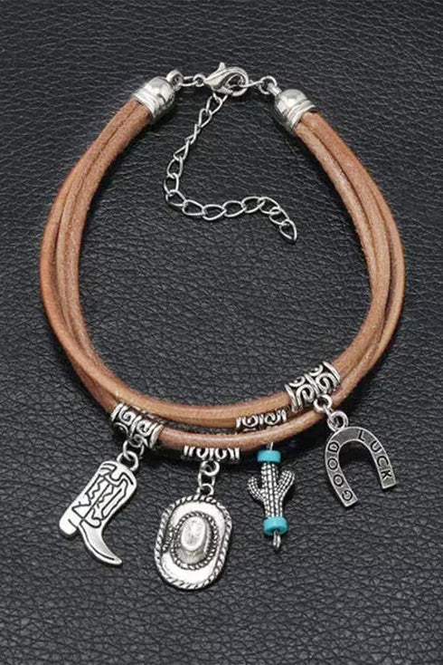 Layered Metal Chain Cactus Charm Western Bracelet