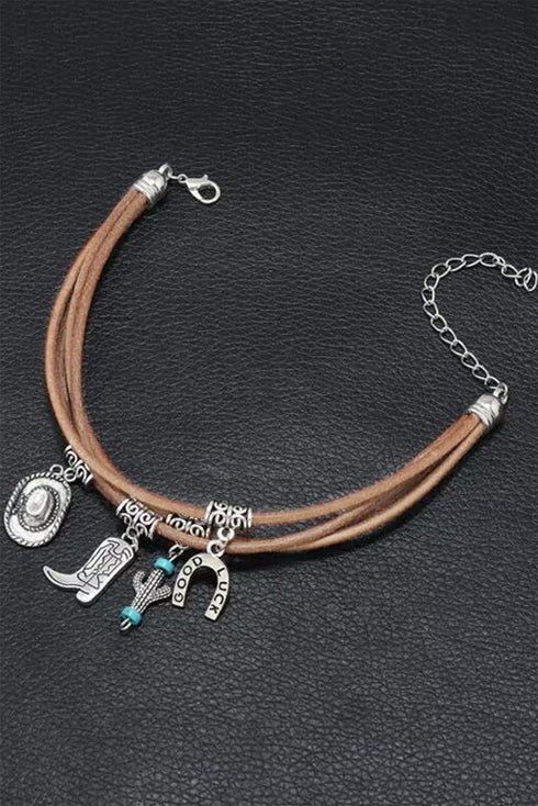 Layered Metal Chain Cactus Charm Western Bracelet
