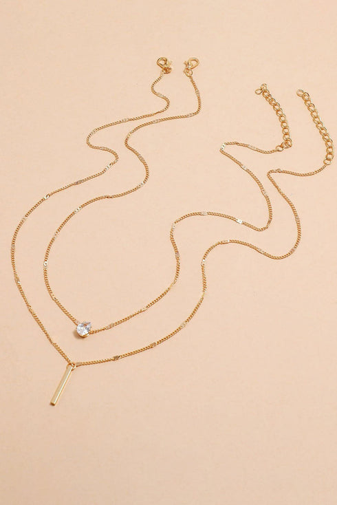 Layered Rhinestone Charm Pendant Metallic Chain Necklace