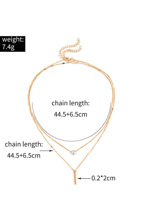 Layered Rhinestone Charm Pendant Metallic Chain Necklace