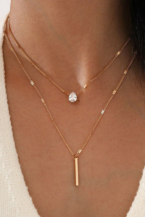 Layered Rhinestone Charm Pendant Metallic Chain Necklace