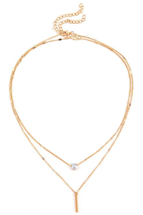 Layered Rhinestone Charm Pendant Metallic Chain Necklace