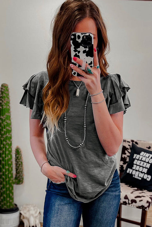 Layered Ruffle Sleeve Round Neck Poly Cotton Blend Top