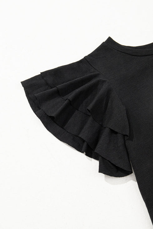 Layered Ruffle Sleeve Round Neck Poly Cotton Blend Top