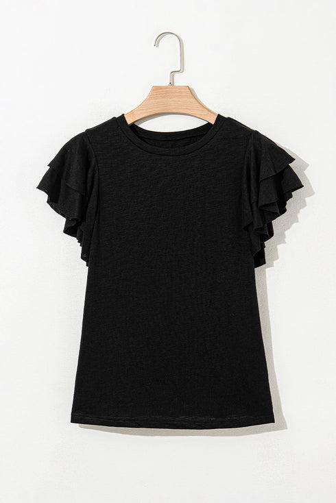 Layered Ruffle Sleeve Round Neck Poly Cotton Blend Top