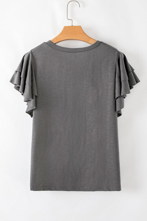 Layered Ruffle Sleeve Round Neck Poly Cotton Blend Top