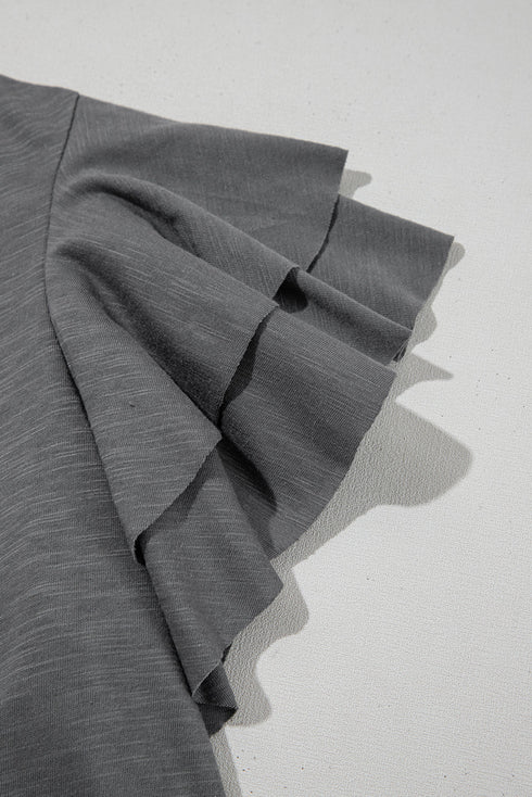 Layered Ruffle Sleeve Round Neck Poly Cotton Blend Top