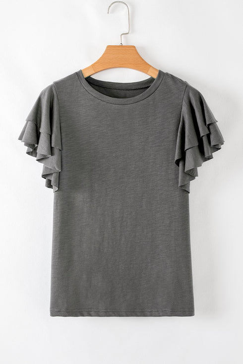 Layered Ruffle Sleeve Round Neck Poly Cotton Blend Top