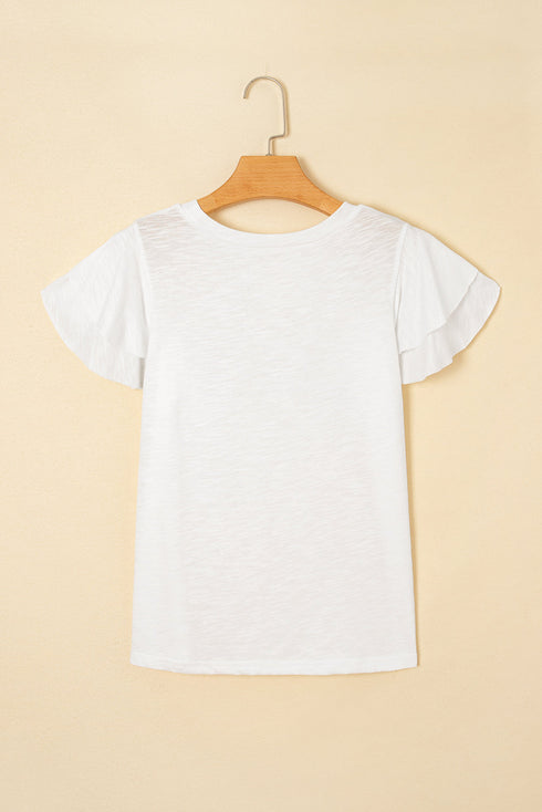 Layered Ruffle Sleeve Round Neck Poly Cotton Blend Top