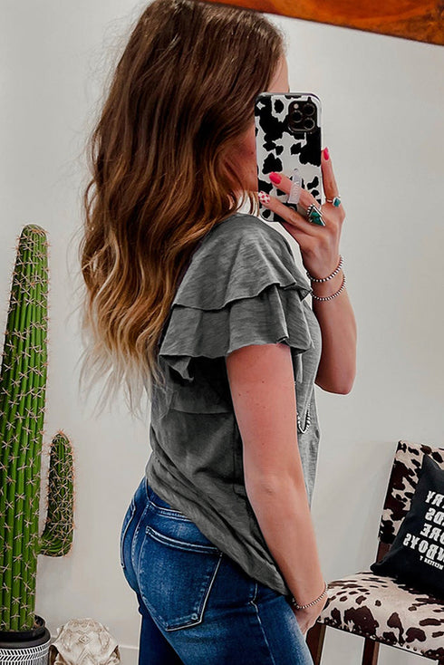 Layered Ruffle Sleeve Round Neck Poly Cotton Blend Top