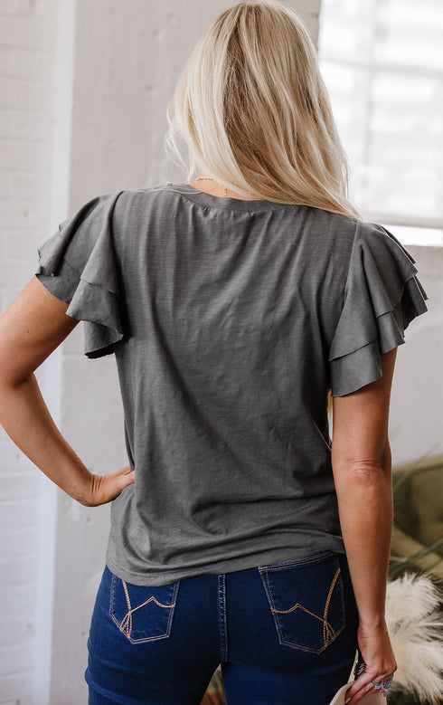 Layered Ruffle Sleeve Round Neck Poly Cotton Blend Top