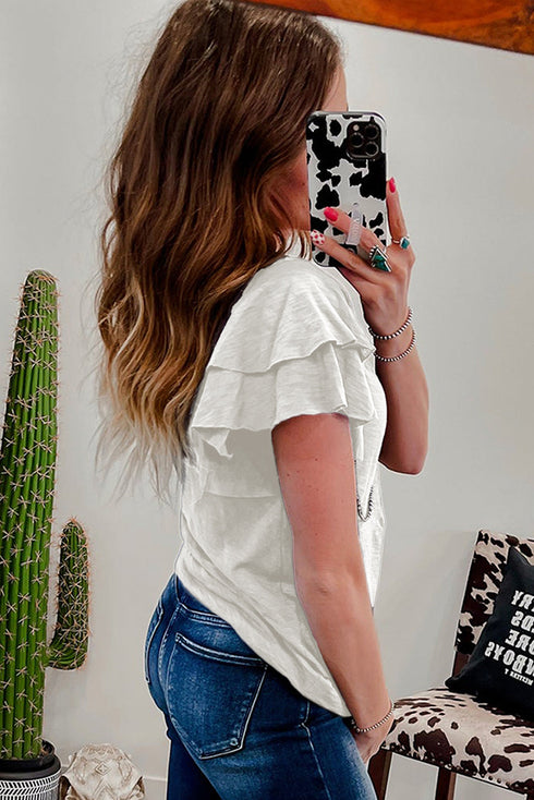 Layered Ruffle Sleeve Round Neck Poly Cotton Blend Top