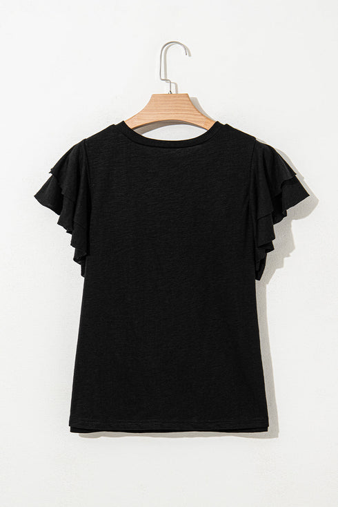 Layered Ruffle Sleeve Round Neck Poly Cotton Blend Top
