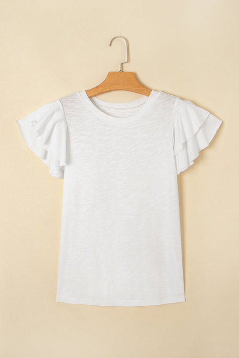 Layered Ruffle Sleeve Round Neck Poly Cotton Blend Top