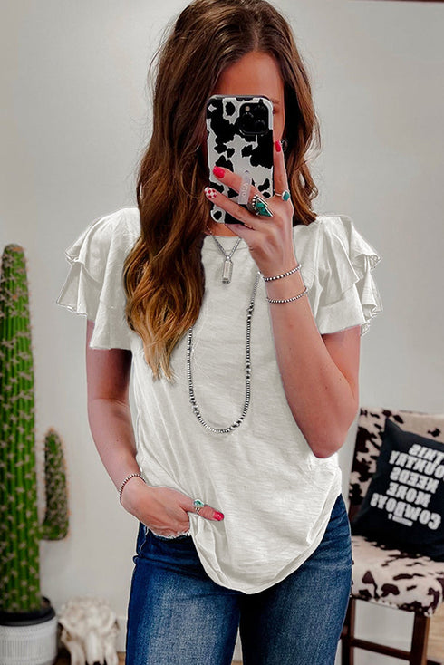 Layered Ruffle Sleeve Round Neck Poly Cotton Blend Top