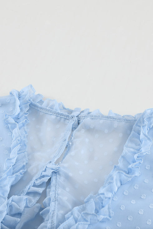 Layered Ruffled Open Back Puff Sleeve Swiss Dot Mini Dress