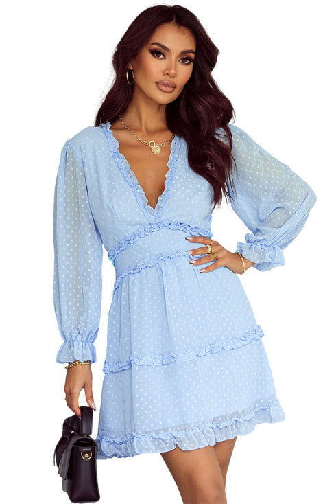 Layered Ruffled Open Back Puff Sleeve Swiss Dot Mini Dress
