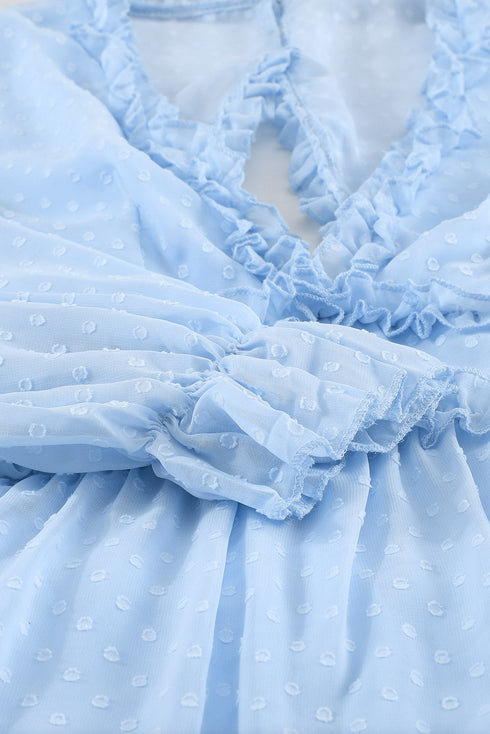 Layered Ruffled Open Back Puff Sleeve Swiss Dot Mini Dress