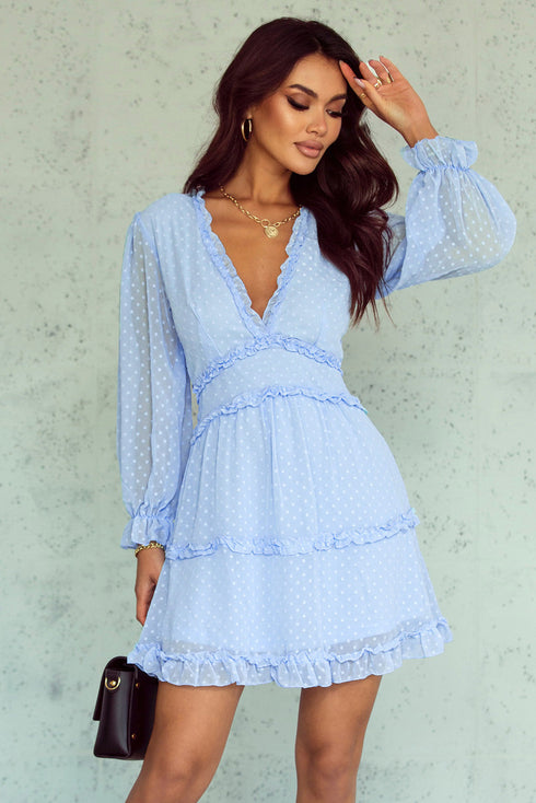 Layered Ruffled Open Back Puff Sleeve Swiss Dot Mini Dress