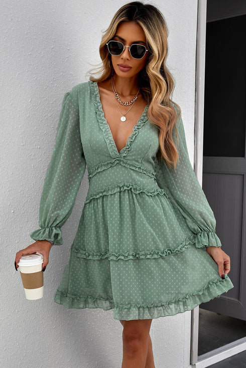 Layered Ruffled Open Back Puff Sleeve Swiss Dot Mini Dress