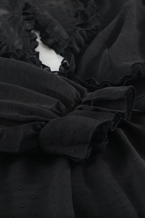 Layered Ruffled Open Back Puff Sleeve Swiss Dot Mini Dress