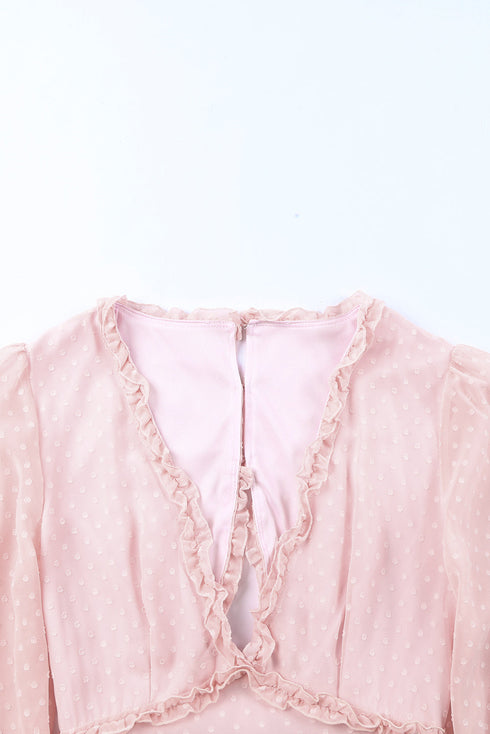 Layered Ruffled Open Back Puff Sleeve Swiss Dot Mini Dress