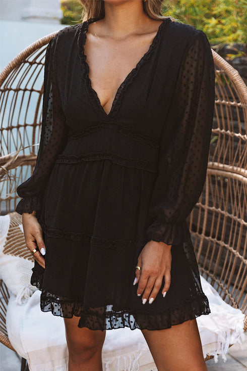 Layered Ruffled Open Back Puff Sleeve Swiss Dot Mini Dress