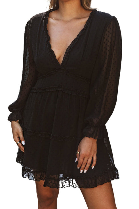 Layered Ruffled Open Back Puff Sleeve Swiss Dot Mini Dress