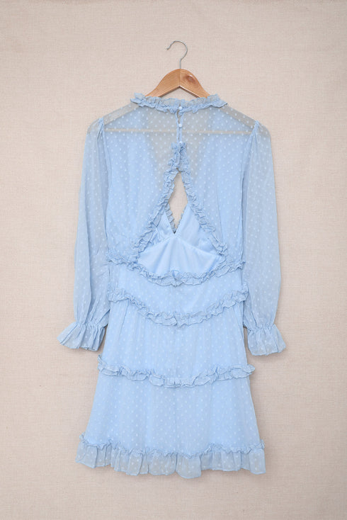 Layered Ruffled Open Back Puff Sleeve Swiss Dot Mini Dress